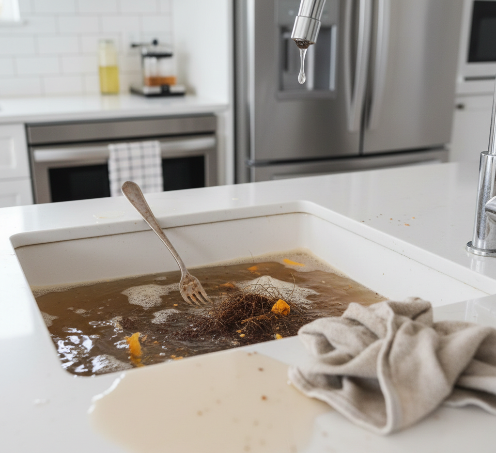 Limpeza e desentupimento de banca de cozinha com remoção de resíduos